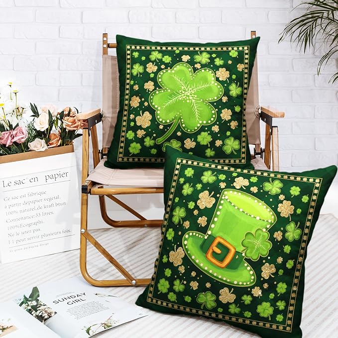 St Patricks Day Throw Pillow Covers Gold Green Lucky Shamrock Pillow Covers 18x18 Set of 2 Lucky Charm Clover Hat Outdoor Pillowcases for Spring March Holiday Home Decor
