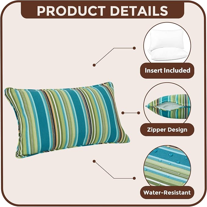 FUNHOME Outdoor Lumbar Pillow with Insert 12x20 Inch Pack of 2-Green Stripe | Outdoor Pillows for Patio Furniture, Water-Repellent, Decorative Garden Pillows for Home Patio Coach Sofa Use