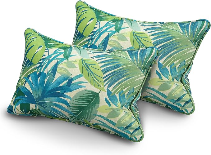 13 x 20 Inch Outdoor Lumbar Pillow with Insert Set of 2, Decorative Piping Edge Waterproof Fade Resistant Fluffy Throw Pillows for Patio Furniture Chair Bench Couch - Green Palm Leaves