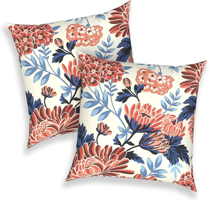 Outdoor Throw Pillows 16x16 Inch, Water Repellent Patio Pillows with Inners Set of 2 for Patio Furniture Home Graden, Red Chrysanthemum
