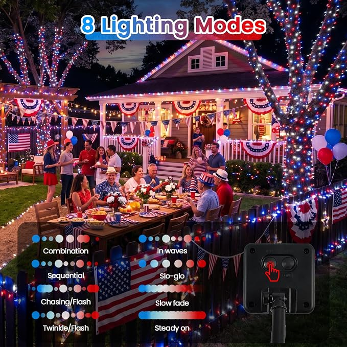 KAQ 2pack 500LED Solar String Lights Outdoor Waterproof Red White Blue | Total 180FT Flexible Wire With Bright LEDs, 8 Twinkle Modes with Memory, Auto On/Off Easily Decorates Trees, Fences, Garden