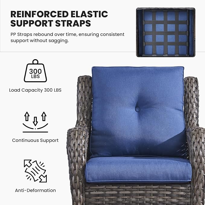 Belord Patio Chairs Outdoor Furniture Set, 3 Peices Porch Wicker Furniture with Side Table, Deep Seating Patio Bistro Chair Sets (Blue Cushion)