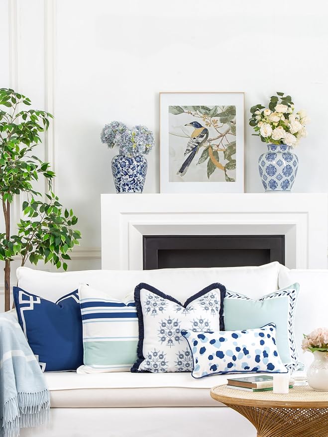 Hofdeco Premium Coastal Patio Indoor Outdoor Lumbar Pillow Cover Only, 12"x20" Water Repellent for Backyard, Couch, Navy Blue Leopard with Piping