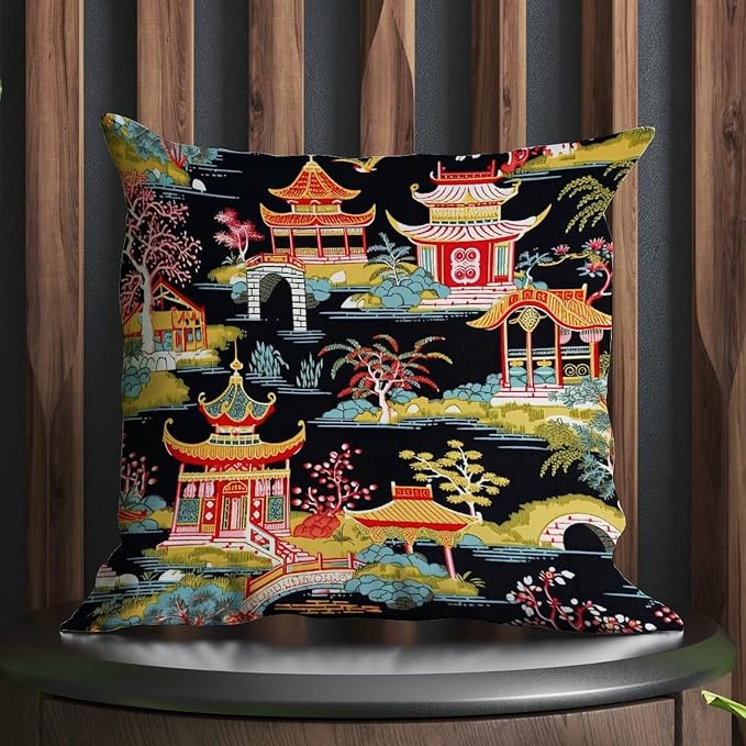 Chinoiserie Charcoal Coral Pagoda Asian Pillowcase Chinoiserie Chic Asian Throw Pillow Covers 16x16 INRetro Accent Throw Pillow Covers Farmhouse Decorative for Sofa Patio Couch