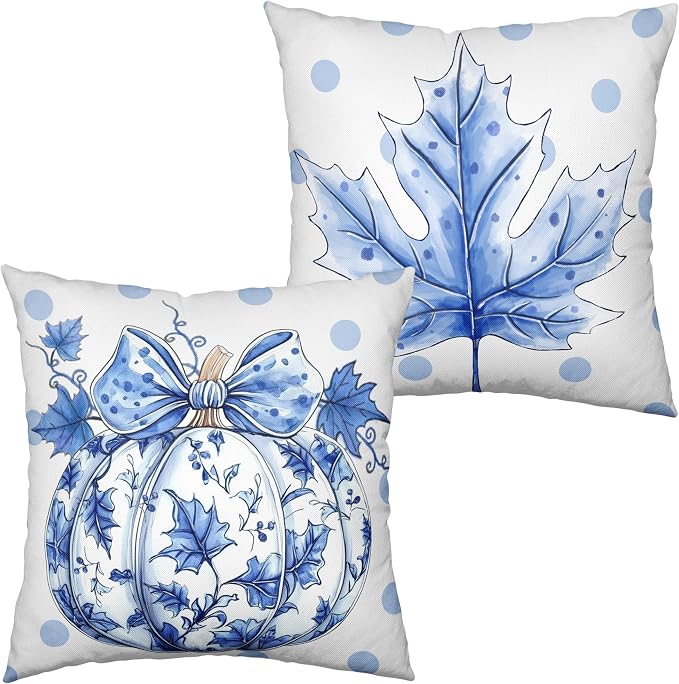 Fall Pillow Covers Blue and White Porcelain Maple Leaf Pumpkin Throw Pillow Covers 18x18 Set of 2 Autumn Blue Polka Dot Pillowcase Thanksgiving Cushion Case for Couch Sofa