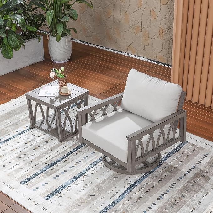 2-Piece Aluminum Outdoor Furniture Set, Swivel Patio Sofa Chair and Side Table Set, Outdoor Conversation Set with Cushions, Outside Patio Furniture Set for Garden, Balcony, Limed Oak