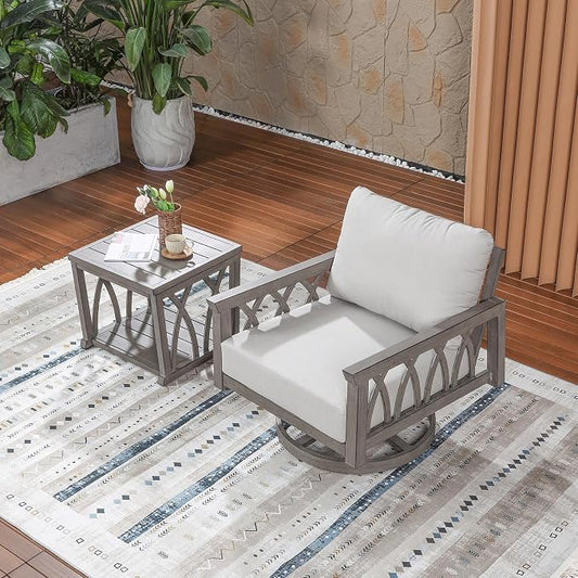 2-Piece Aluminum Outdoor Furniture Set, Swivel Patio Sofa Chair and Side Table Set, Outdoor Conversation Set with Cushions, Outside Patio Furniture Set for Garden, Balcony, Limed Oak