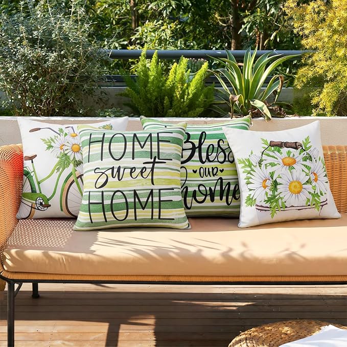 cygnus Spring Summer Waterproof Outdoor Pillow Covers 18x18 Inch Set of 4 Home Sweet Home Bless Home Daisy Striped Outdoor Pillows for Patio Furniture Garden Bench Proch Balcony,Green