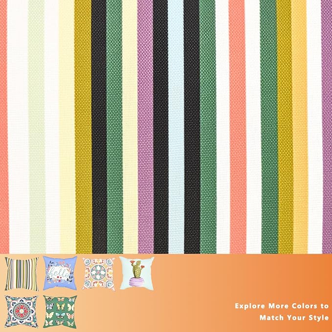 18" Outdoor Throw Pillows Set of 4, Waterproof & Fade Resistant Patio Furniture Pillows with Built-in Inserts, All-in-One Vibrant Multi Stripe Design for Sofa, Patio or Backyard Relaxation
