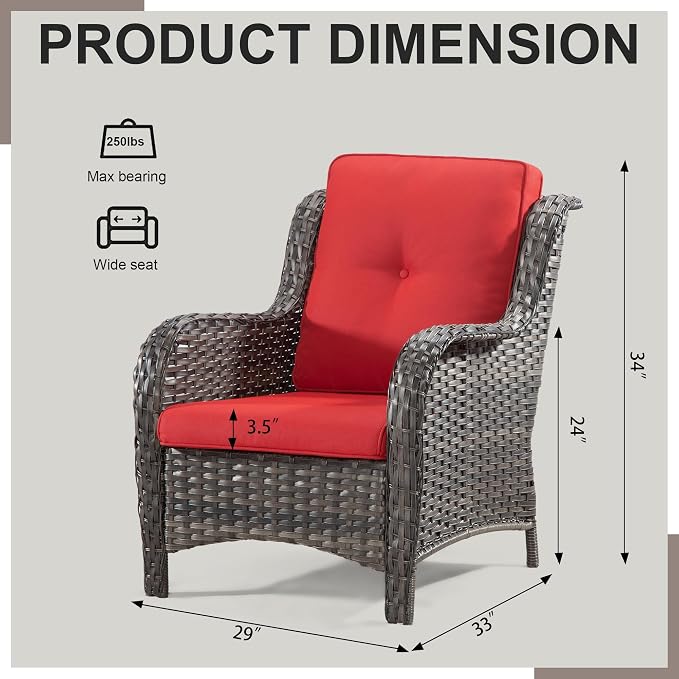 MeetLeisure Outdoor Wicker Chair Rattan Patio Dining Chairs Set of 6 PE Wicker Patio Chairs with 4 inch Seat Cushions Patio Seating Chair for Garden, Backyard Swimming Pool, Balcony, Red