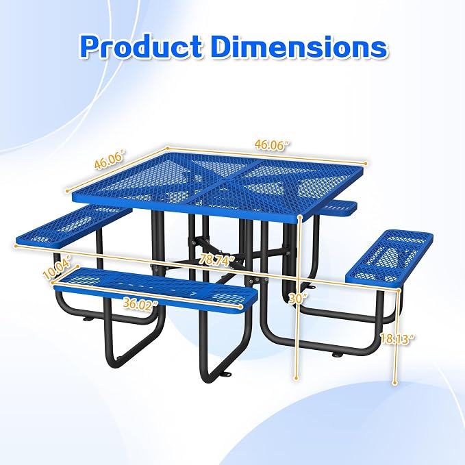 46'' Square Metal Picnic Table with 1.73" Umbrella Hole, Heavy-Duty Commercial Grade Steel Table Set, Rust Resistant Mesh Tabletop, Smooth Round Corner Design for Patio, Garden, Park & BBQ, Blue