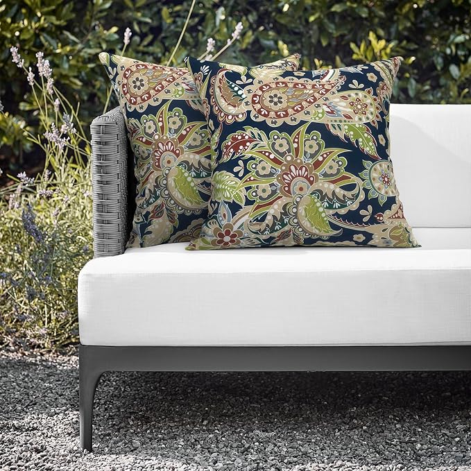 Outdoor Throw Pillows 16x16 Inch, Water Repellent Patio Pillows with Inners Set of 2 for Patio Furniture Home Graden, Paisley Sapphire Blue