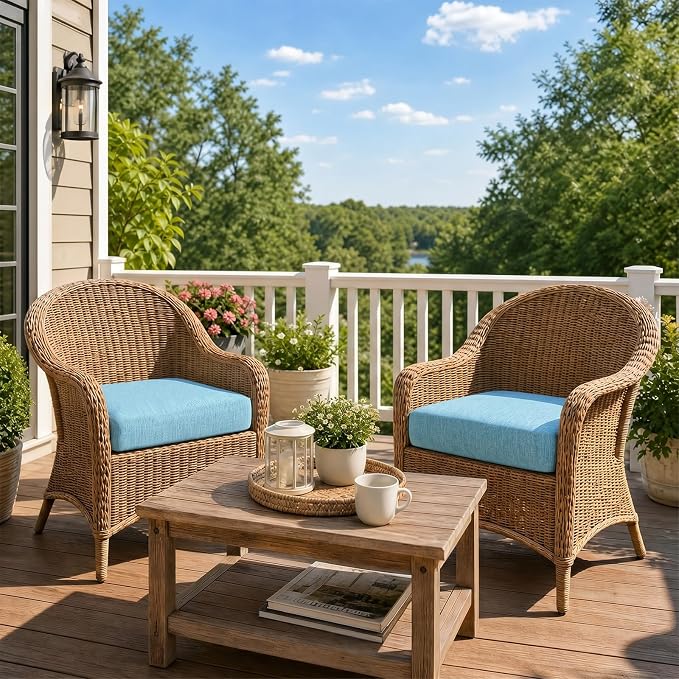 Aoodor Patio Chair Cushions Set of 4, 24 x 24 x 4 Inch Water Resistant Outdoor Seat Cushions with Handle and Ties, Square Corner Cushions for Patio Furniture Garden Lawn, Lake Blue