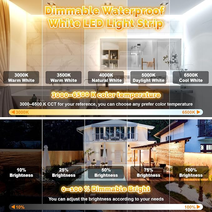 Outdoor LED Strip Lights Waterproof IP67, Dimmable 3000K-6500K Warm White LED Rope Lights Outdoor Waterproof with Remote & APP, 24v Adhesive Exterior Lighting for Patio, Deck, Gazebo (32.8FT/10M)