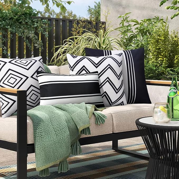 Adabana Set of 4 Outdoor Waterproof Pillow Covers 18x18 Black and White | Modern Geometric Throw Pillows Cover Decorative Boho Pillow Covers for Patio, Garden, Porch