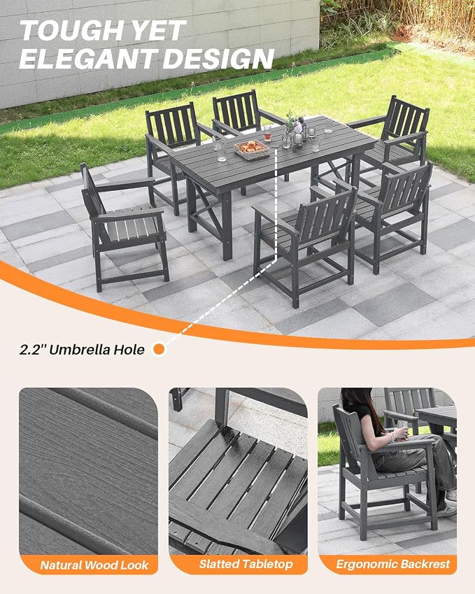 7 Pieces HDPE Outdoor Dining Set, Patio Dining Set with Umbrella Hole, All Weather Outdoor Dining Table Sets for 6, HDPE Patio Furniture Sets for Deck, Backyard, Lawn, and Poolside, Smoke Gray