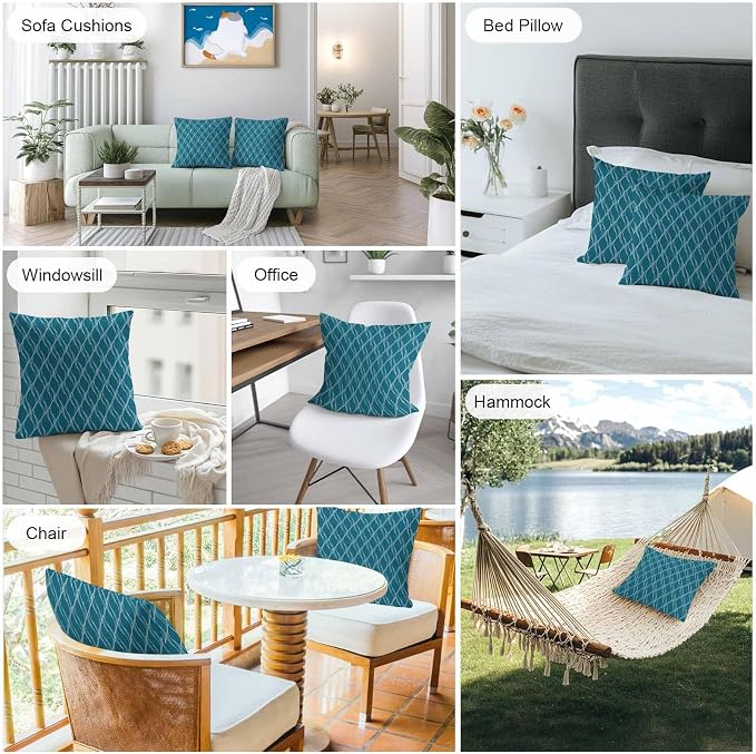 Teal Blue Stripes Outdoor Pillow Covers 18x18 Inch Throw Pillow Covers Set of 2 Waterproof Decorative Pillow Cases Simple Geometric Modern Monochrome Cushion Covers for Patio Furniture Garden Couch