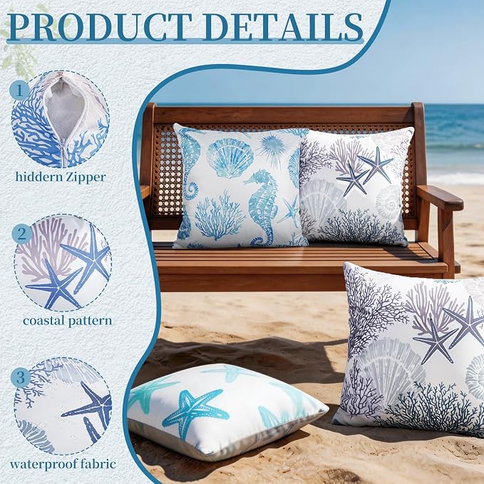cygnus Starfish Outdoor Pillow Covers 18x18 Waterproof Coastal Throw Pillow Covers Nautical Beach Theme Decorative Square Cushion Case for Patio Furniture Garden Sofa Set of 2，Blue and Green