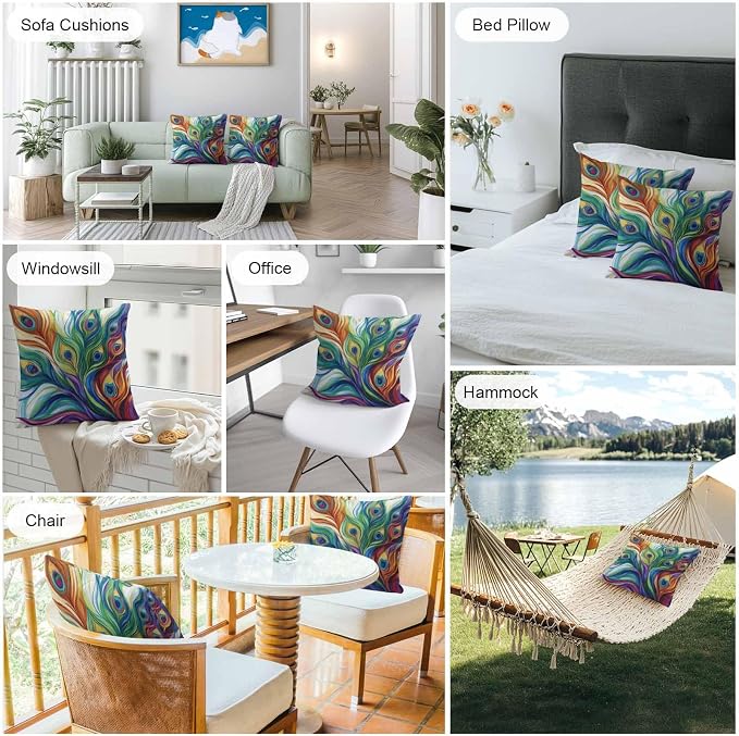 Colorful Peacock Feathers Outdoor Pillow Covers 26x26 Inch Throw Pillow Covers Set of 2 Waterproof Decorative Pillow Cases Oil Painting Abstract Art Cushion Covers for Patio Furniture Garden Couch