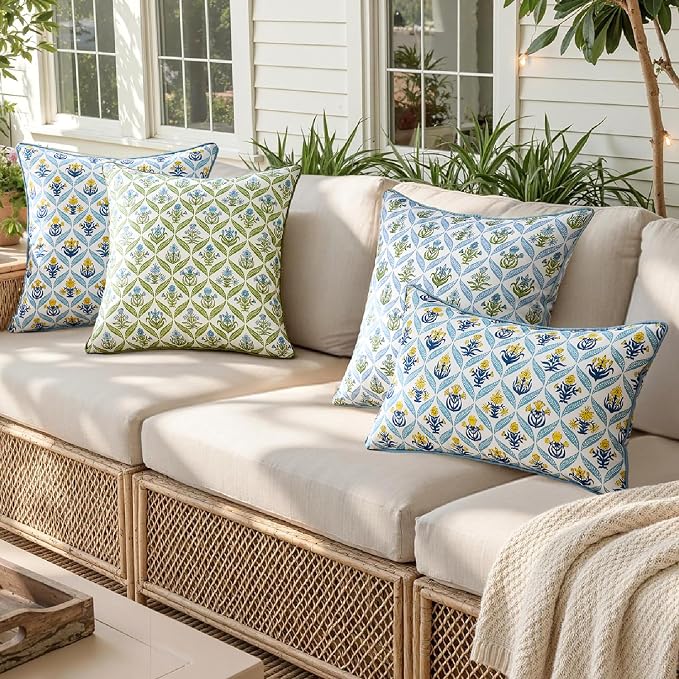 ANRODUO Floral Outdoor Waterproof Pillow Covers Set of 2 Yellow 16x16 Inch | Square Block Print Decorative Cushion Cases With Refined Edge Piping for Summer Patio Porch Garden Couch Sofa Bench Decor