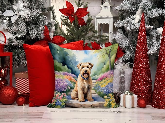 Caroline's Treasures Wheaten Terrier Spring Path Throw Pillow Machine Washable, Indoor Outdoor Decorative Pillow for Couch, Bed or Patio, 14Hx14W