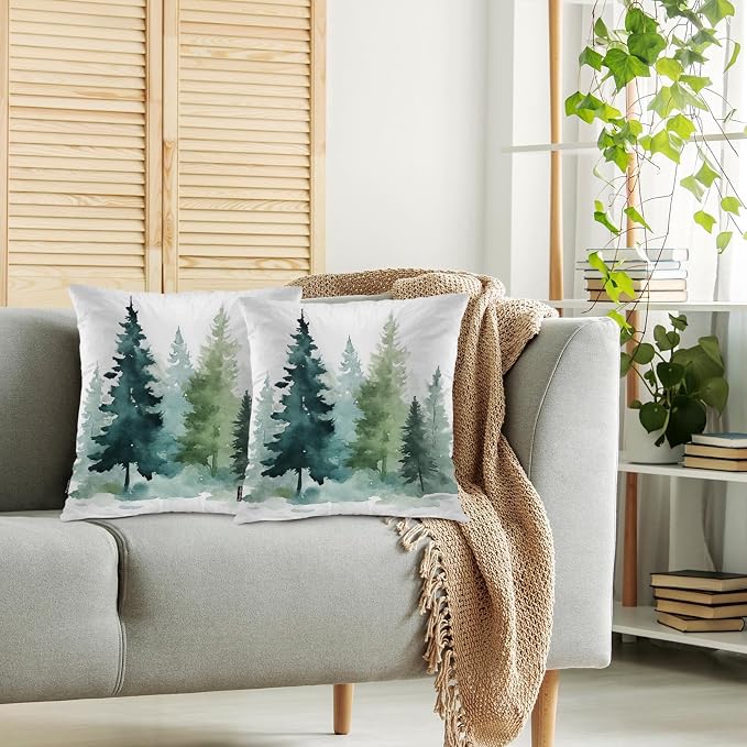 Swono 18"X18" Throw Pillow Covers Fir Trees, Watercolor Christmas Pine Fir Forest Boho Pillowcase Cushion Covers for Couch Bed, Green Square Decorative Pillow Cover Home Sofa Bedroom Car, 2 Pcs