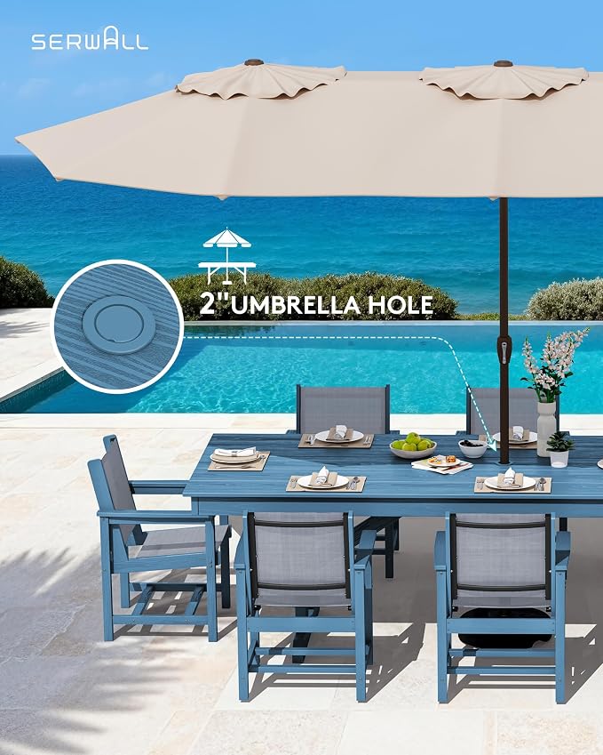 SERWALL 9 Piece Outdoor Dining Set, 84" HDPE Outdoor Large Table and Textilene Sling Chairs for 8，All Weather Patio Dining Furniture Set with Umbrella Hole for Backyard, Garden, Blue