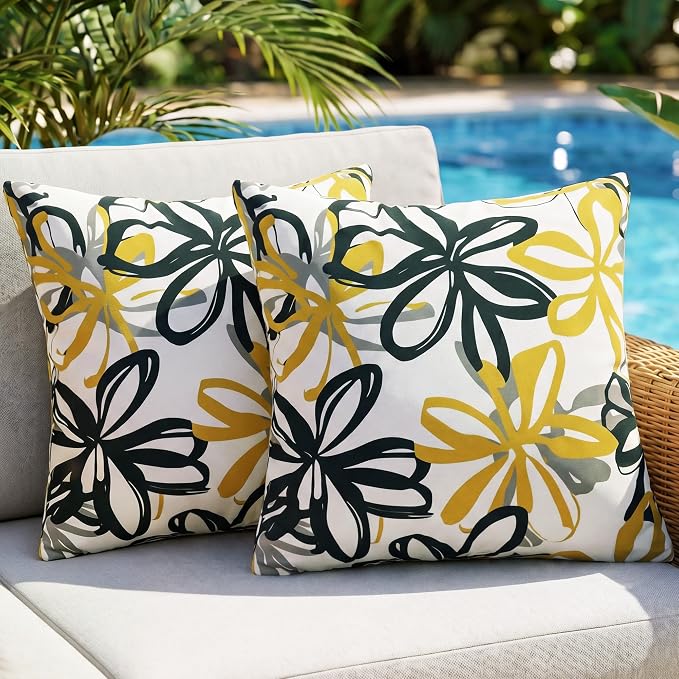 Floral Waterproof Outdoor Throw Pillow Covers 18x18 Inch Set of 2 | Blue and Yellow Floral Pillow Cover, Summer Outdoor Decor Cushion Cases for Garden Patio Balcony Funiture Porch Couch Sofa