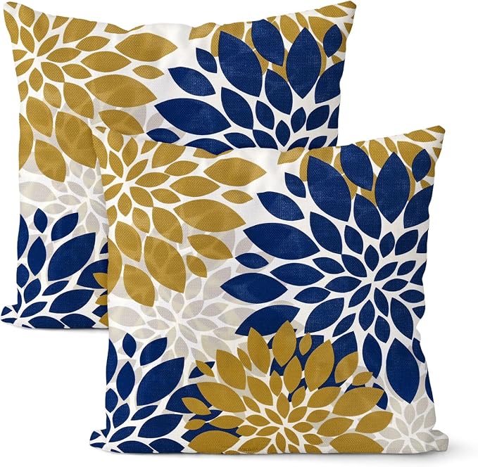 M METERXITY 2-Pack Pillow Cover 16x16 Linen, Blue Bronze Gray | Water Resistant Floral Decor Slipcover, for Patio, Balcony, Garden, Outdoor Pillow Case