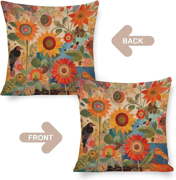 Cushion Covers Colorful Painting of Sunflowers Bird Square Pillow Cover Retro Yellow Flower Pillow Cases Standard Size 16"x16" for Couch Sofa Bed Decorative Cutton Linen Cushion Cases