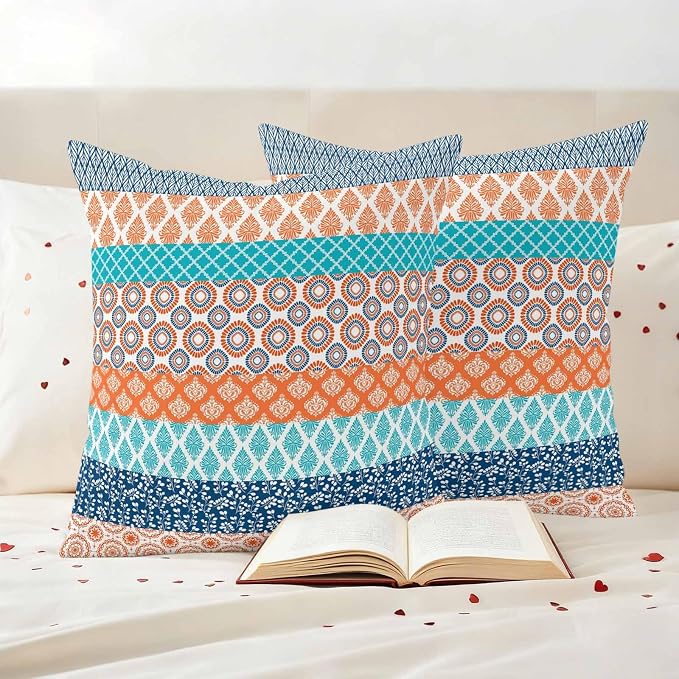Geometric Bohemia Outdoor Pillow Covers Set of 2 Stripes Orange Turquoise and Blue Waterproof Throw Pillow Cover Decorative Cushion Cases for Patio Porch Garden 18X18 Inch
