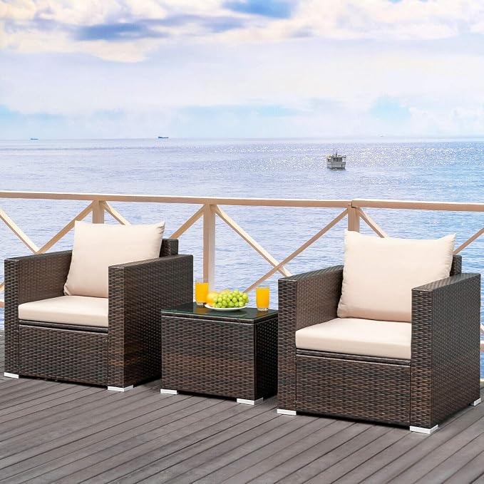 HAPPYGRILL 3PCS Patio Furniture Set with Coffee Table Outdoor Rattan Wicker Conversation Sofa Set with Washable Cushions for Garden Poolside