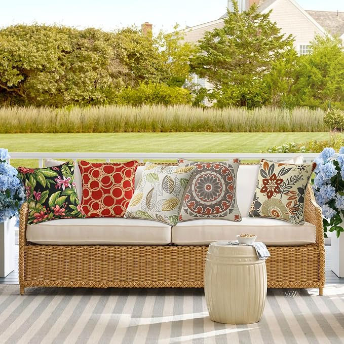 Outdoor Decorative Pillows Pack of 4, 16" x 16" Outdoor Pillow Set for Couch Bed Throw Patio Sofa, Red Flower Green Leaf