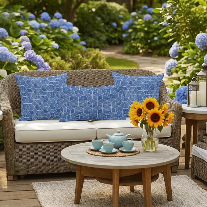 Blue Honeycomb Tiling Waterproof Outdoor Pillow Covers Set of 2 Home Decor, Wooden Grain Blocks Pillowcase Patio Pillow Covers for Couch Bench Patio Furniture Garden 18x18in