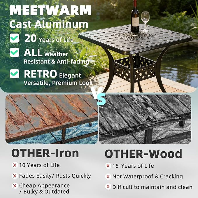 MEETWARM 30.5" Square Patio Dinning Table, Outdoor Cast Aluminum Dinning Table with 2.2" Umbrella Hole, Dark Bronze