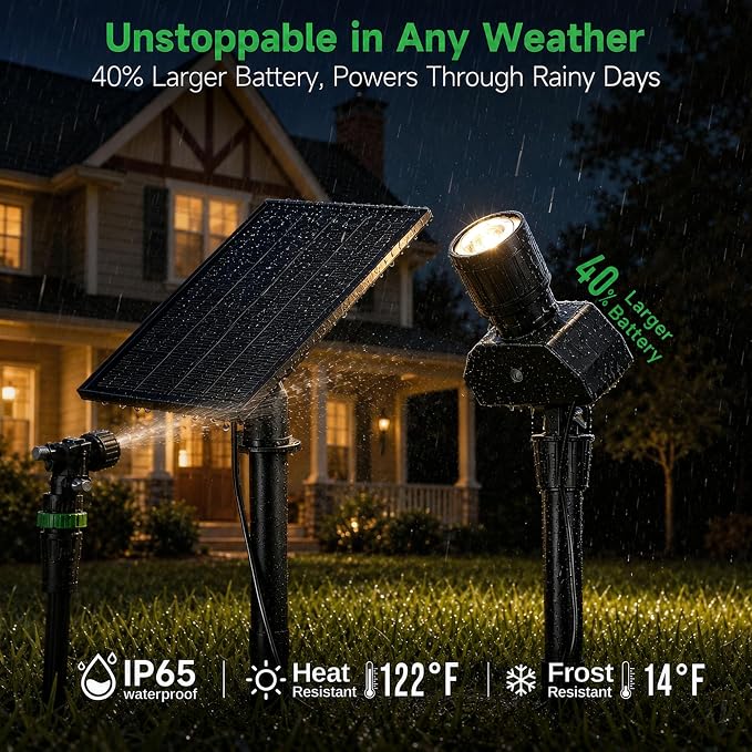 Outdoor Solar Spotlight, Adjustable Angle Landscape Spotlight Waterproof, 2500mAh All Night Separate Panel LED Uplight Dusk to Dawn, 5 Lighting Modes for Outside Patio Wall Path House 4 Pack