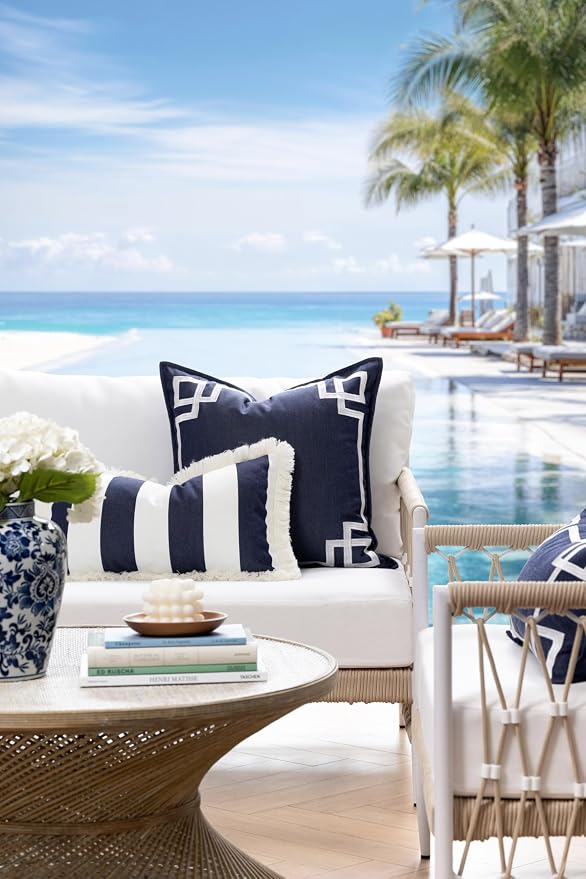 Hofdeco Premium Coastal Hampton Outdoor Performance Throw Pillow Cover Only, 20"x20" Water Repellent, UV and Fade Resistant for Backyard, Couch, Poolside, Indigo Blue Embroidered Frame Greek Key