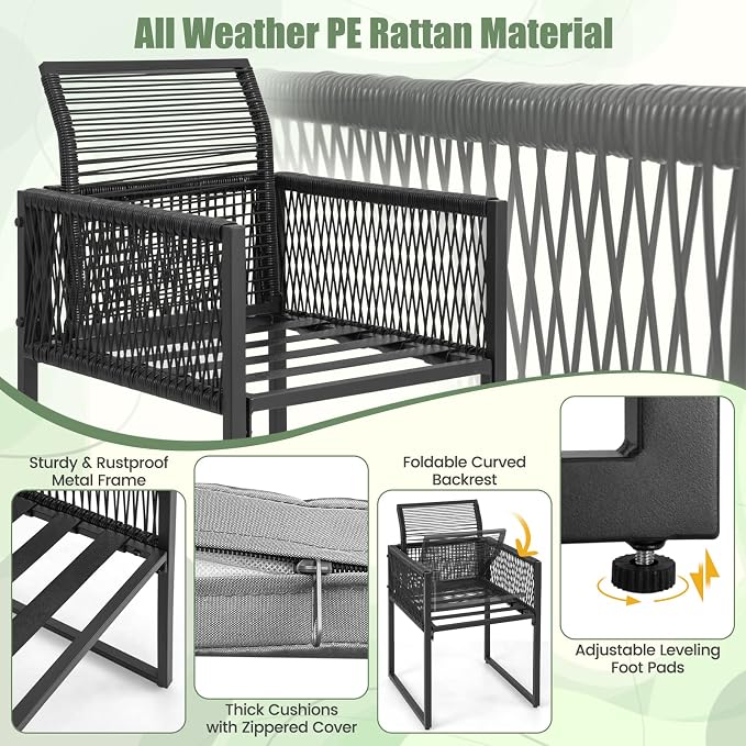 HAPPYGRILL 3 Pieces Outdoor Patio Dining Set, PE Rattan Furniture Set with Cushions, Tempered Glass Tabletop, Space-Saving Rattan Dining Chair Table Set for Backyard Poolside Balcony