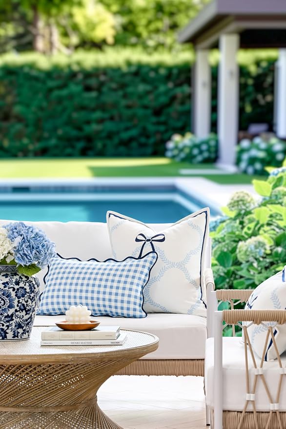 Hofdeco Premium Coastal Hampton Patio Indoor Outdoor Throw Pillow Cover Only, 20"x20" Water Repellent for Backyard, Couch, Poolside, Baby Blue Navy Embroidered Ribbon Bow Tie on Leaves