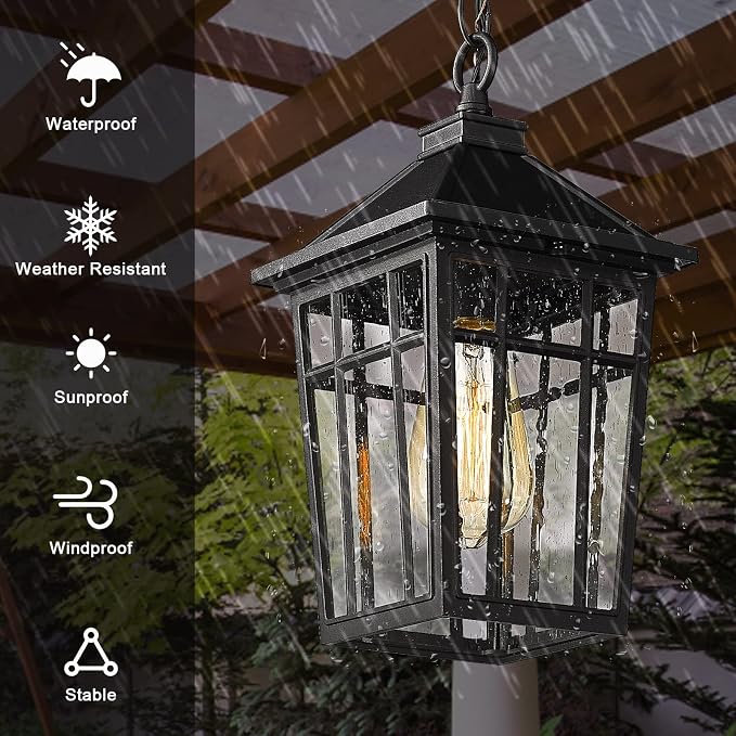 Darkaway Outdoor Pendant Light Fixture, Outdoor Hanging Light Porch Lights Fixtures Anti-Rust Waterproof Aluminum with Seeded Glass for Porch Entryway Doorway Farmhouse Black