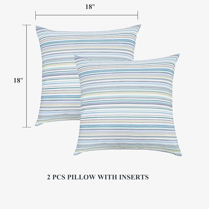 FUNHOME Outdoor Throw Pillows with Insert 18x18 Inch Pack of 2-Blue Stripe | Decorative Throw Pillows with Inserts, Water-Repellent, Square Pillows for Bed, Couch, Sofa and Patio Furniture