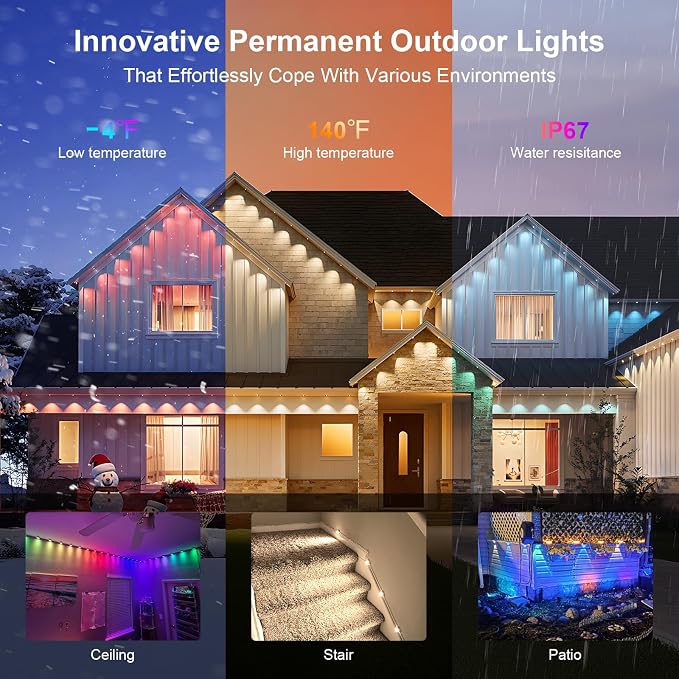 Super RGB Permanent Outdoor Lights 50FT, Smart RGB+IC Eave Lights with Remote APP Control, DIY LED Color Individual, White & Colorful Christmas String Light, IP67 Waterproof for House Outside Decor