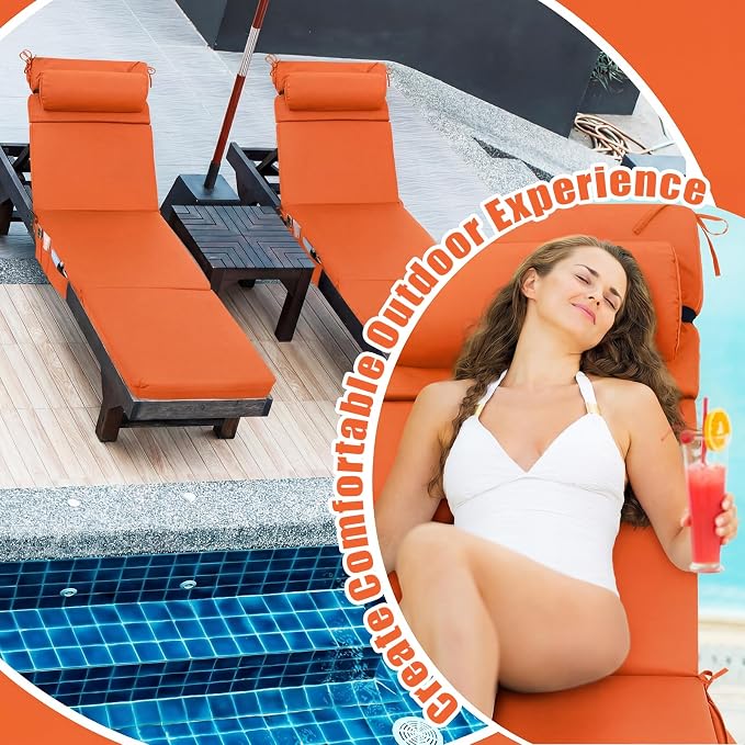 RattanView 1 Pcs Outdoor Chaise Lounge Cushion with Pillow and Side Pockets Waterproof Lounge Chair Cushion for Outdoor Furniture Patio Lounger Pad for Outside Pool Lawn (Orange,72 x 21 x 4)