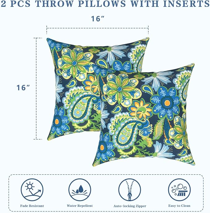 LVTXIII Outdoor Throw Pillows 16x16 Inch, Set of 2 Square Decorative Pillows with Inserts for Patio Furniture, Porch Chair, Garden Sofa, Bohemian Azure
