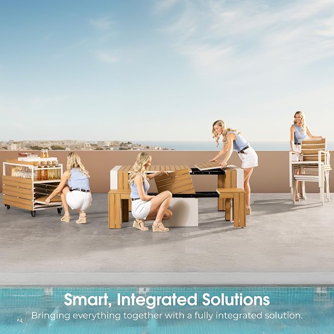 Transformer Table - Extendable Outdoor Dining Set up to 12 Seats, Expandable Patio Table, Weather-Resistant Patio Furniture, Outdoor Furniture, Dark Walnut, Brown (Table + Bench)