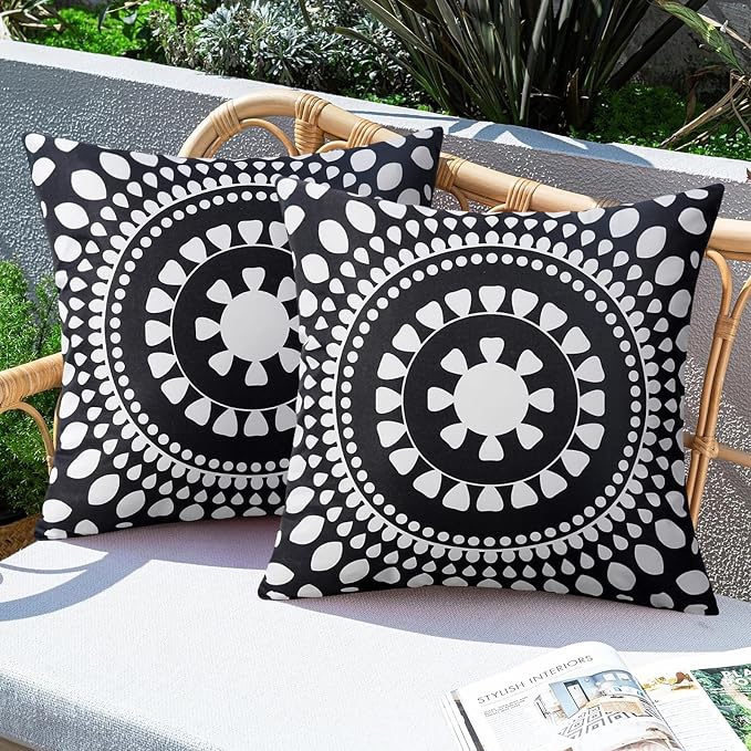Merrycolor Set of 2 Outdoor Waterproof Throw Pillow Covers Black and White Pillow Covers Floral Decorative Square Pillowcases Farmhouse Boho Outdoor Pillows for Patio Furniture 18x18 Inch