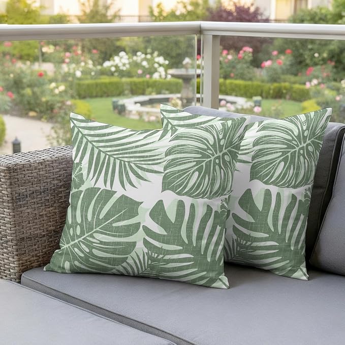 Green Palm Leaves Outdoor Pillow Covers 20"x20" Set of 2, Tropical Botanical Minimalist Modern Waterproof Throw Pillow Covers for Patio Furniture, Decorative Cushion Covers for Porch