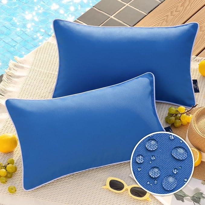 Phantoscope Pack of 2 Outdoor Waterproof Solid Throw Decorative Pillow Cover Decorative Square Outdoor Pillows Cushion Case Patio Pillows for Couch Tent, Blue 12x20 inches 30x50 cm