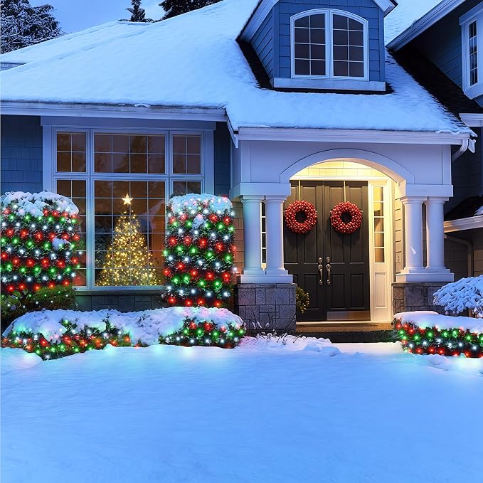BlcTec Outdoor Christmas Lights 200 LED 8.4ft x 5.2ft Christmas Net Lights with 8 Modes, UL Certified, Timer, Connectable, Waterproof for Trees, Bushes, Yard Outdoor Decorations, Red White Green