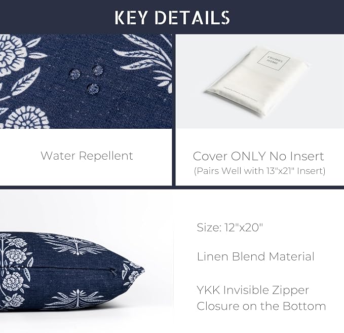 California Casual Coastal Indoor Outdoor Lumbar Pillow Cover, 12"x20" Water Repellent for Patio, Backyard, Couch, Poolside, Dark Navy Print Floral
